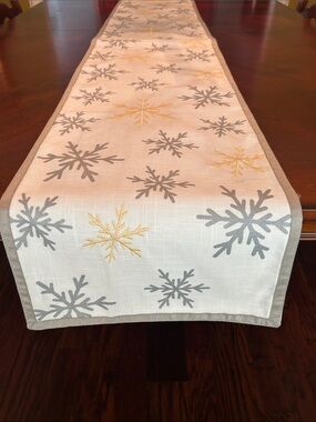 White Table Runner with Gray and Gold Snowflakes and gray Trim 14”x70”